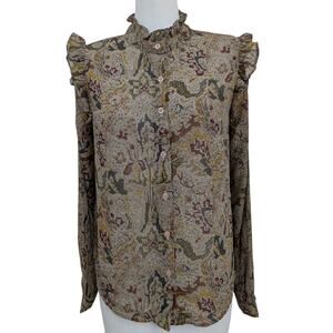 NEW Elan ruffled tapestry print button down shirt sz small